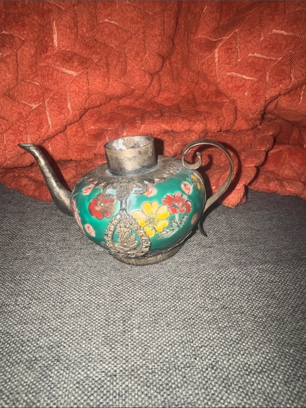 Vintage Asian Metal Overlay Teapot Ceramic Turquoise Floral Dragon Decor